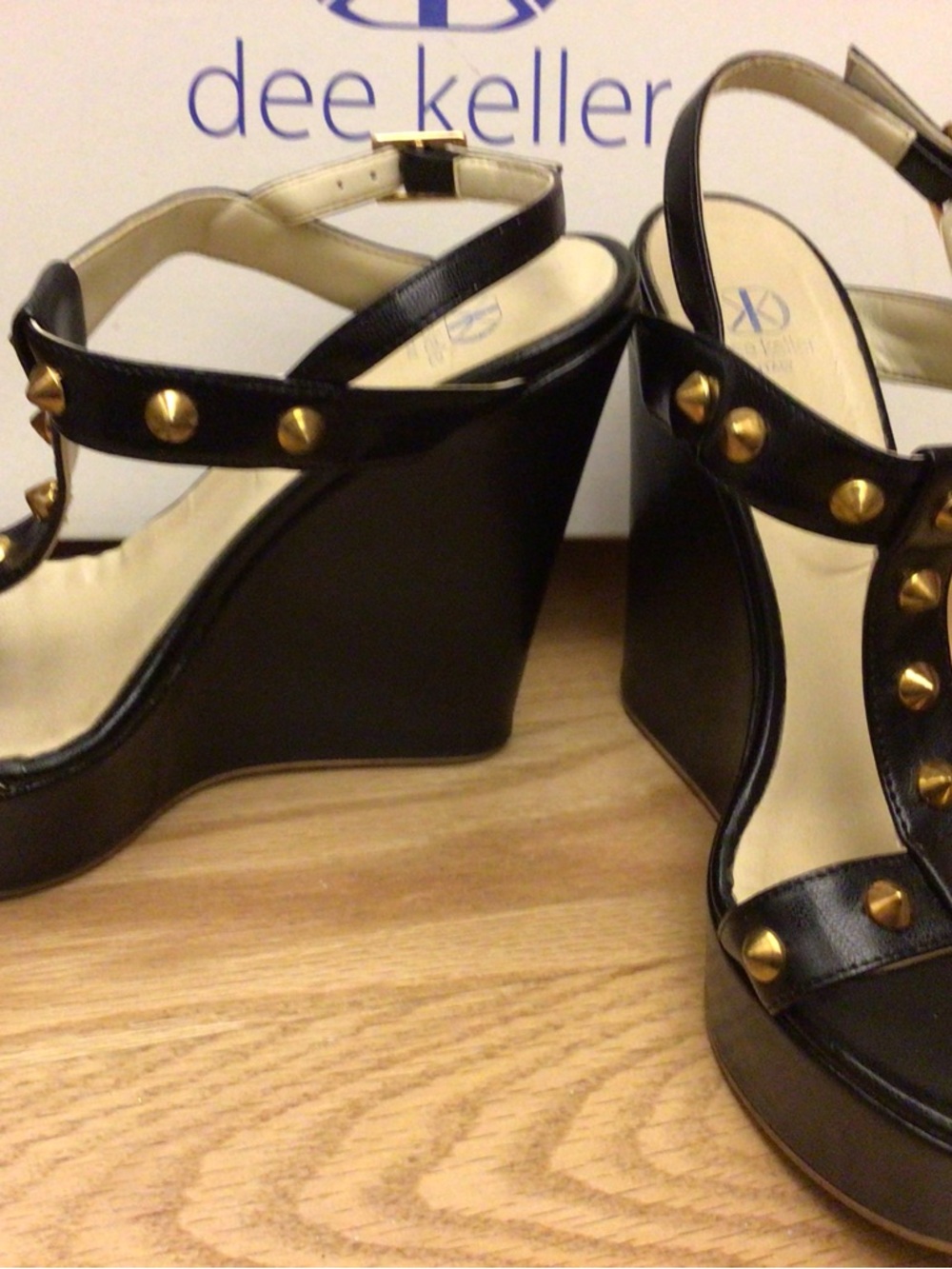 dee keller Black Wedge Sandals with Gold Stud Accents